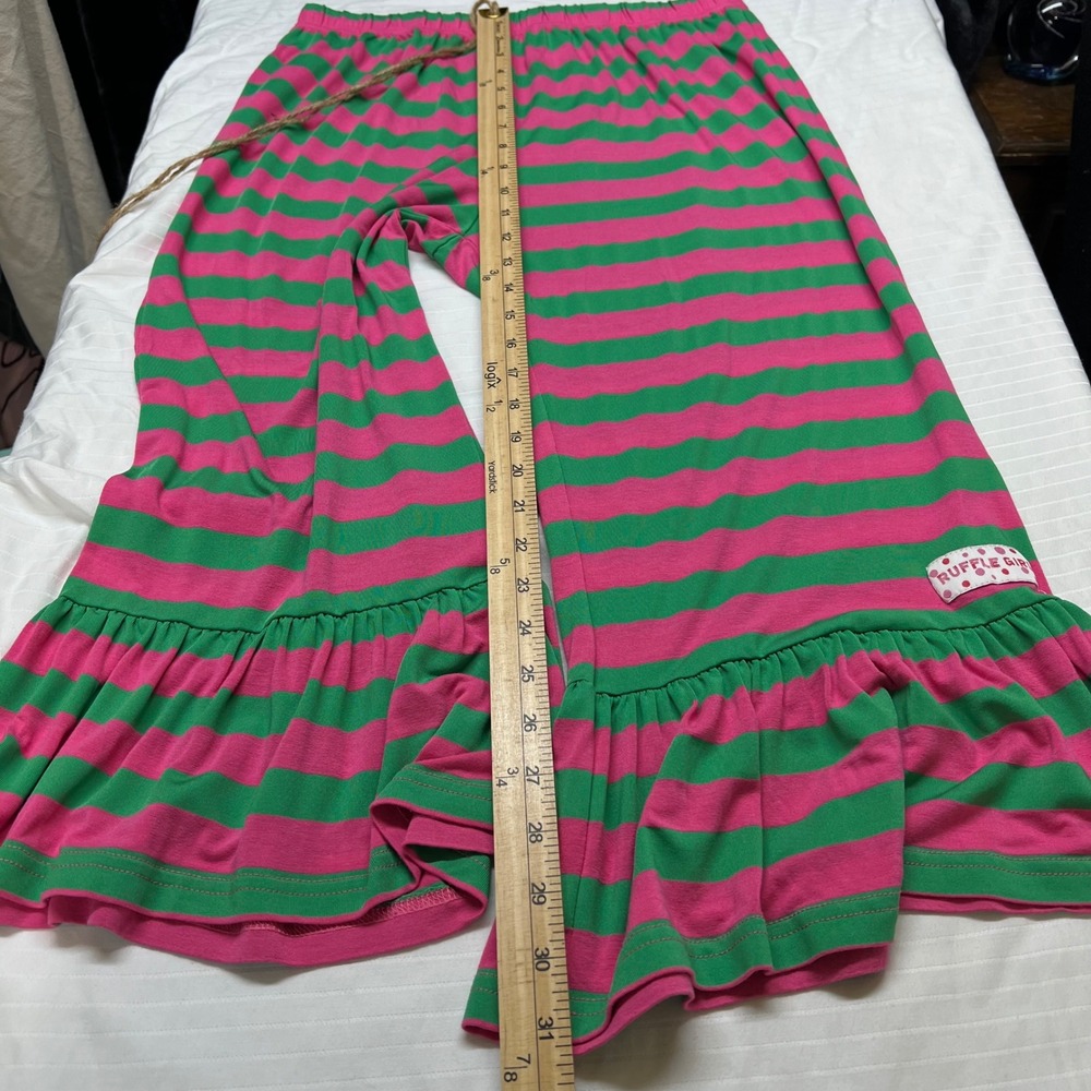 Ruffle Girl Pink Green Striped Ruffle Hem Wide Leg Pants Girls XL Whimsigoth - Picture 9 of 10